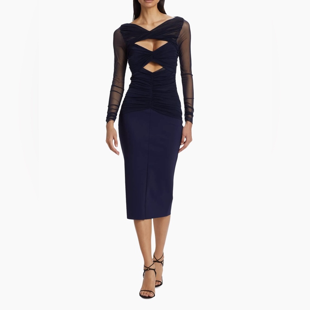 NWT Chiara Boni Leitha Mesh Cut-Out Midi-Dress Blue Notte Sz 12 Sz 14 $890